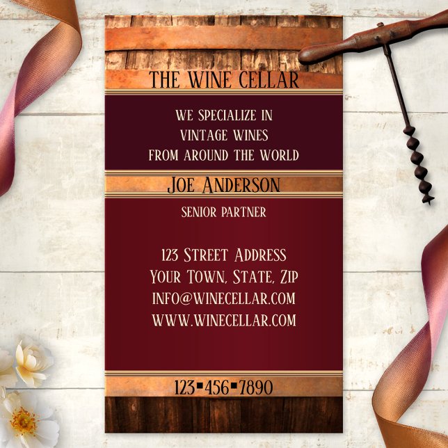 Tarjeta de presentación para vendedores de vinos r (Business card featuring a rustic wine barrel with stylized rose gold - winery - vineyard - sommelier)