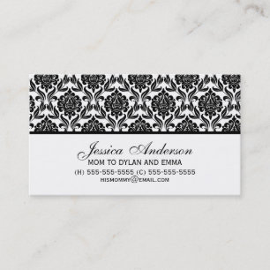 Tarjeta De Presentación Patrón elegante de Damasco blanco y negro