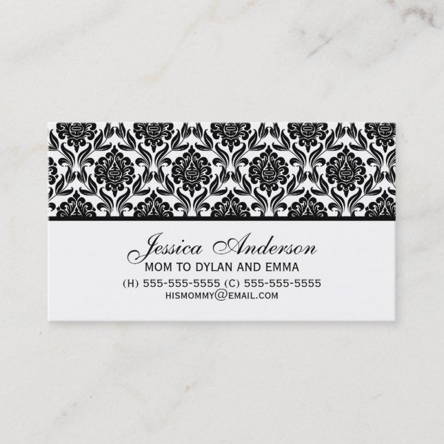 Tarjeta De Presentación Patrón elegante de Damasco blanco y negro (Anverso)