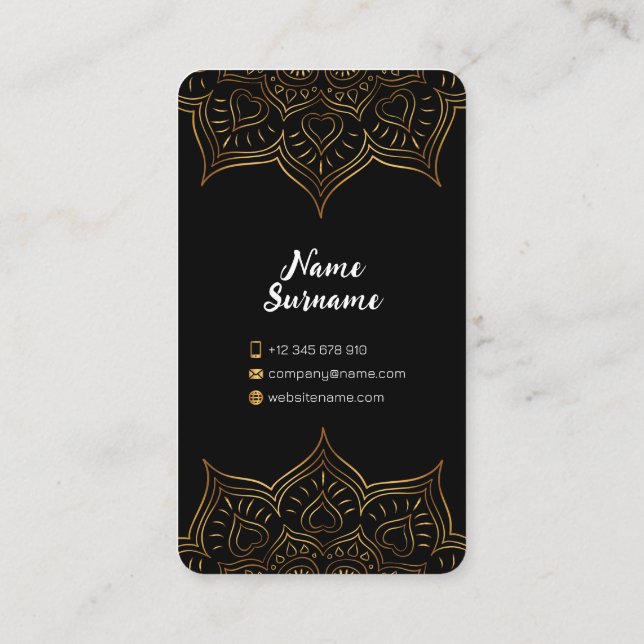 Tarjeta De Presentación Patrón Indio Moderno Floral Negra Y Oro (Reverso)