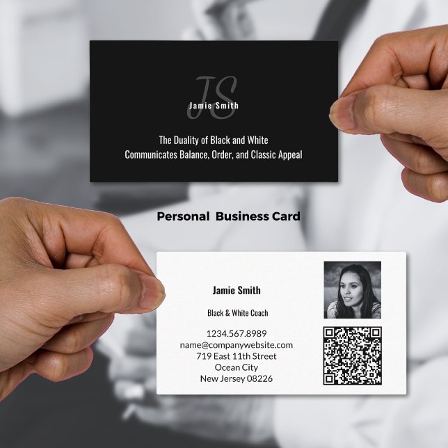 Tarjeta de presentación personal de fotos en blanc (Photo Black and White Personal Business Card with Photo, Initials, QR code, Tagline)