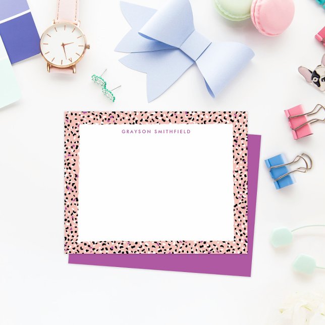 Tarjeta de presentación personal de Rubor Snow Leo (fun colorful blush pink and purple leopard print border frame personal stationery note cards)