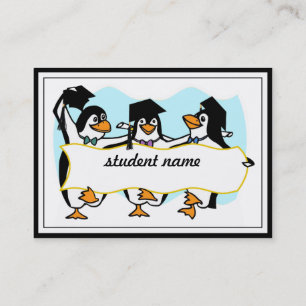 Tarjeta De Presentación Pingüinos bailando feliz graduados con pancarta