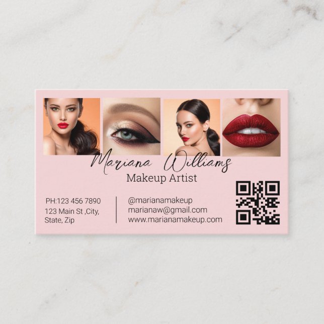 Tarjeta De Presentación qr code makeup artist 4 photos pink business (Anverso)