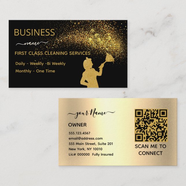 Tarjeta De Presentación QrCode Cleaning Service Maid Gold Glitter Business (Anverso / Reverso)