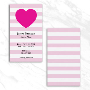 Tarjeta De Presentación Rayas Blancas y Rosa Pálido Corazón Rosa Intenso