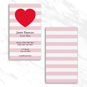 Tarjeta De Presentación Rayas horizontales rosadas pálido y blancas Corazó