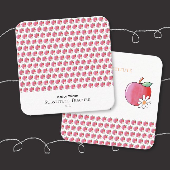 Tarjeta De Presentación Red Apple Daisy Educator Small Square Contact Card (Red apple and daisy pattern educator small square contact card .)