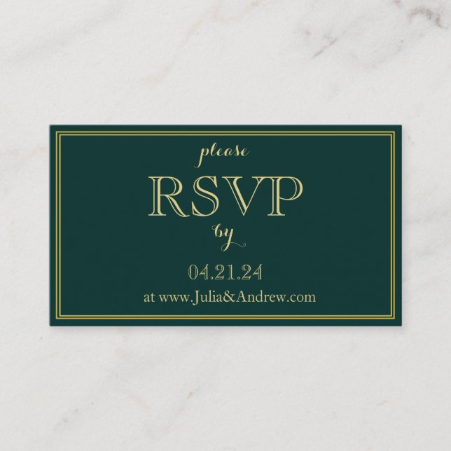 Tarjeta de presentación RSVP de Emerald y Gold Art (Anverso)
