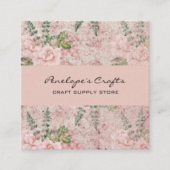 Tarjeta de presentación Shabby Pink Floral Square (Anverso)