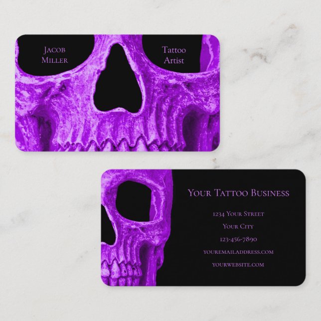 Tarjeta De Presentación Skull Face Gótico Neon Purple Black Tattoo Shop (Anverso / Reverso)