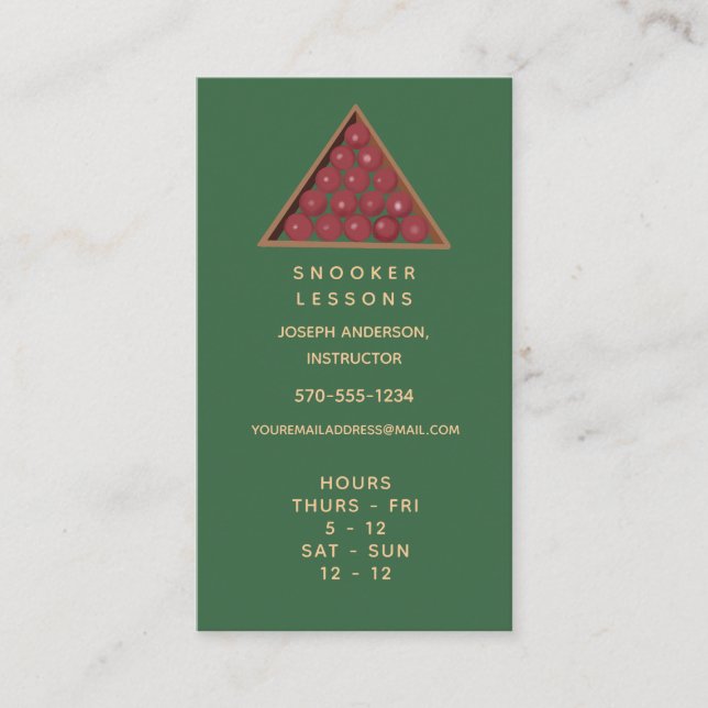 Tarjeta de presentación Snooker Lessons con horas (Anverso)