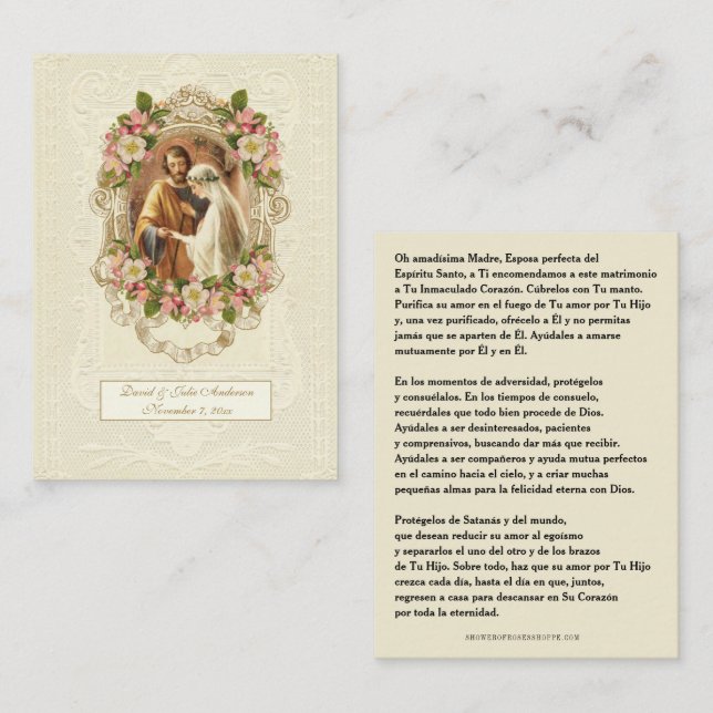 Tarjeta De Presentación Spanish Catholic Wedding Prayer Holy Card (Anverso / Reverso)