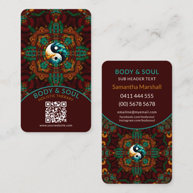 Tarjeta De Presentación Teal Brown Earthy Eastern Yin Yang Holistic (Anverso / Reverso)