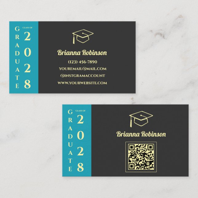 Tarjeta De Presentación Turquoise Modern Graduation QR Code Name Card (Anverso / Reverso)