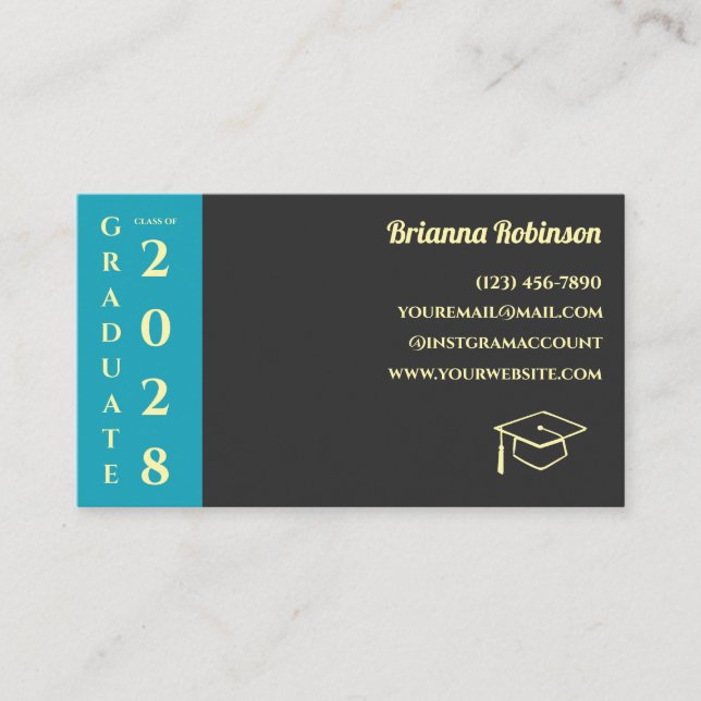 Tarjeta De Presentación Turquoise Photo Modern Graduation Name Card (Anverso)