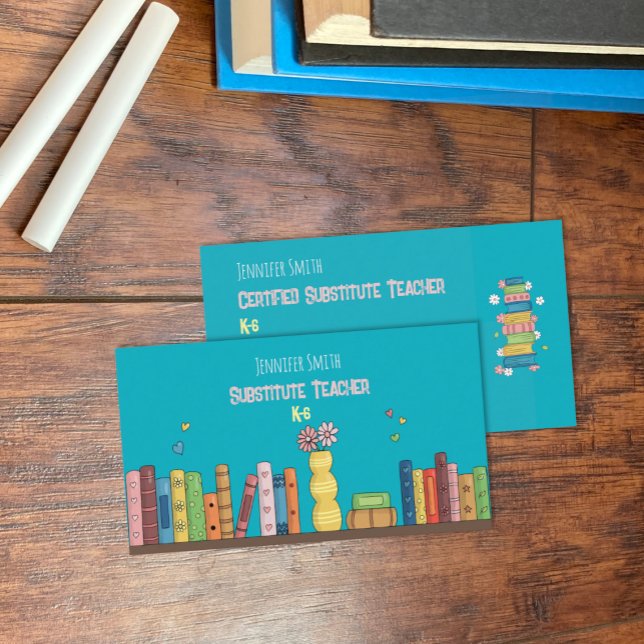 Tarjeta de presentación Verde azulada Subdocente d (Watercolor books on shelf substitute teacher teal double-sided business cards .)
