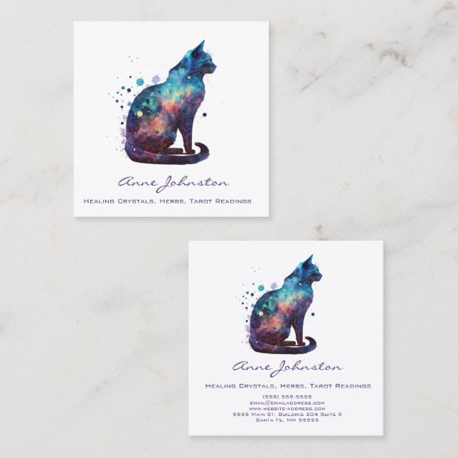 Tarjeta de presentación Watercolor Kitty Blue Purp (Anverso / Reverso)