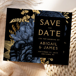 Tarjeta de presupuesto floral azul marino boda oro