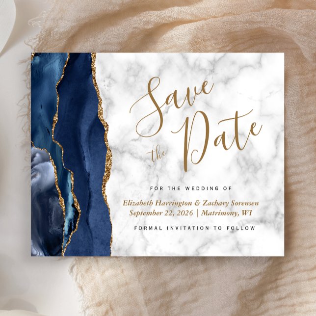 Tarjeta de presupuesto Navy Gold Agate Marble Save (Subido por el creador)