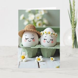 Tarjeta de primavera de amigos de huevo sonrientes