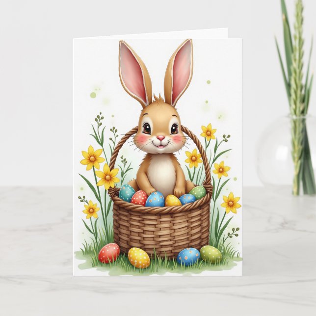 Tarjeta de primavera de cesta de conejito (Anverso)