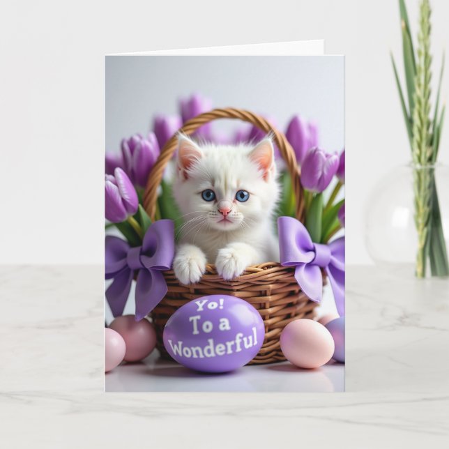 Tarjeta de primavera de cesta de gatito lindo (Anverso)