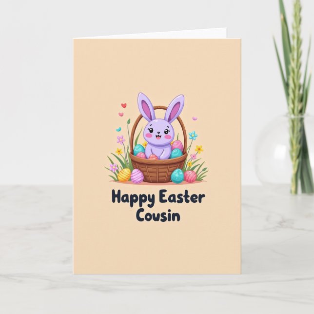 Tarjeta de primavera de conejito y cesta (Anverso)