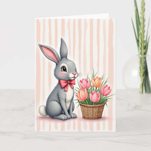 Tarjeta de primavera de conejito y flores (Anverso)