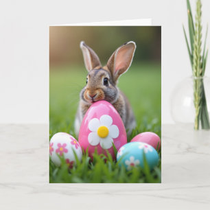 Tarjeta de primavera de conejito y huevo