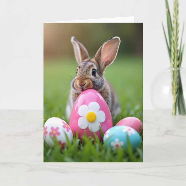 Tarjeta de primavera de conejito y huevo (Anverso)