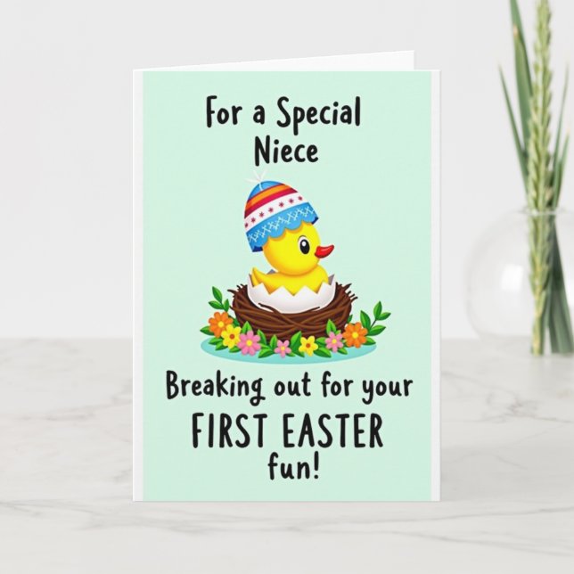 Tarjeta de primavera de pájaro con sombrero a raya (Anverso)