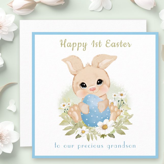 Tarjeta de primer año de conejo azul lindo (Cute Blue Bunny Grandson First Easter Card)
