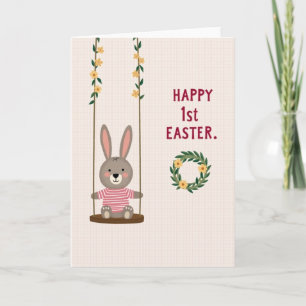 Tarjeta de primer año de Pascua del conejo a rayas