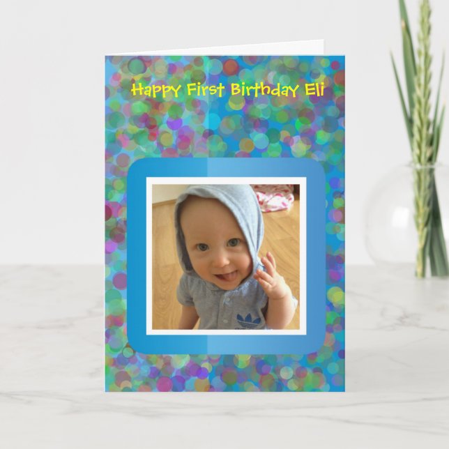 Tarjeta de primer cumpleaños con lunares de arcoír (Anverso)