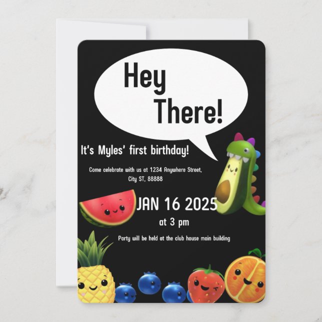 Tarjeta de primer cumpleaños con temática de fruta (Anverso)