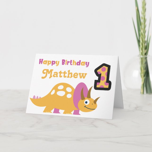 Tarjeta de primer cumpleaños de dinosaurio amarill (Anverso)