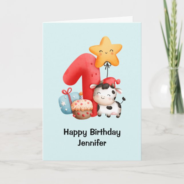 Tarjeta de primer cumpleaños de vaca sonriente, li (Anverso)