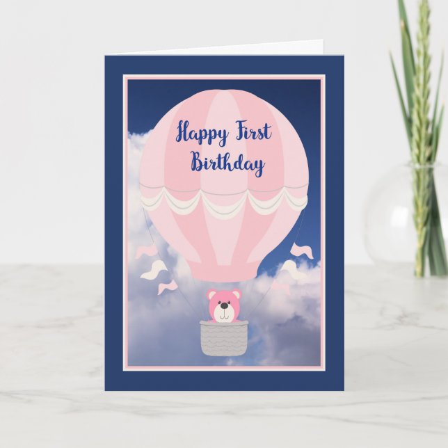 Tarjeta de primer cumpleaños, globo de aire calien (Anverso)