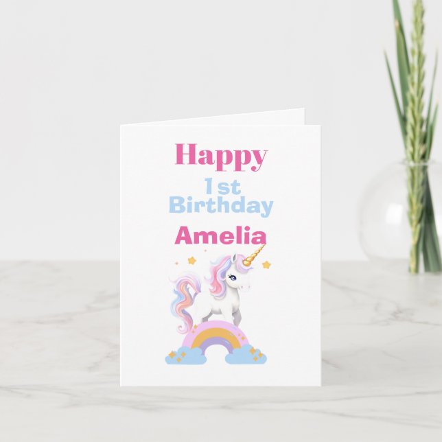 Tarjeta de primer cumpleaños Rainbow Unicorn de co (Anverso)