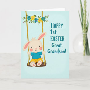 Tarjeta de primer Pascua con columpio de conejito