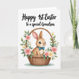 Tarjeta de primer Pascua de conejito en canasta