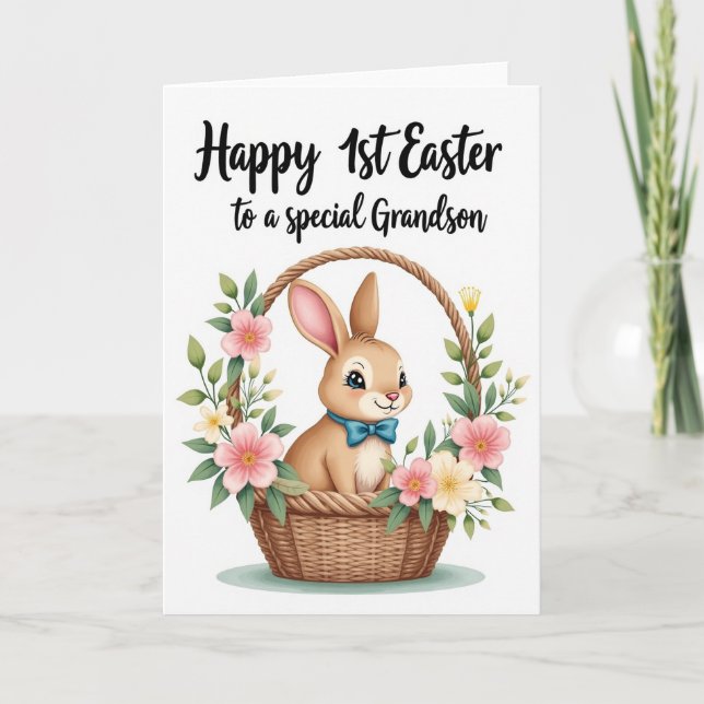 Tarjeta de primer Pascua de conejito en canasta (Anverso)
