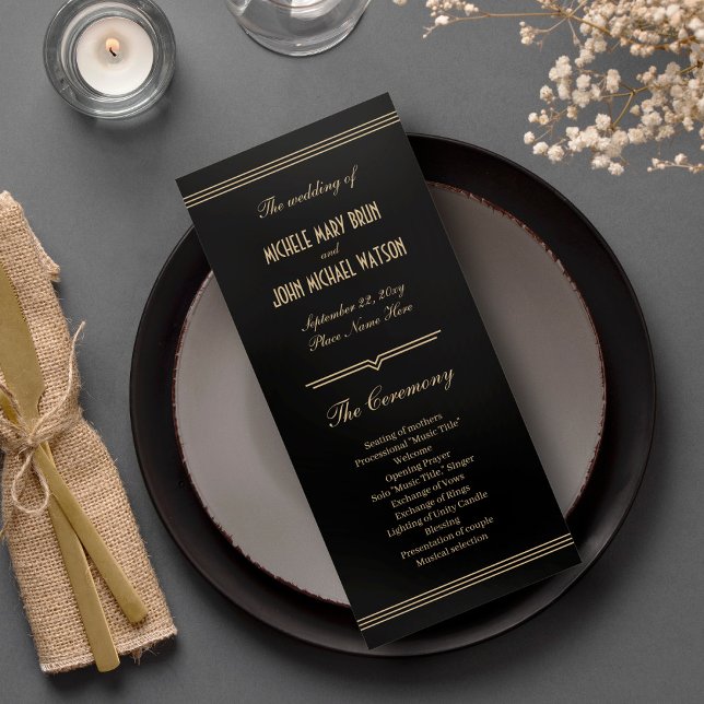 Tarjeta de programa Art Deco Classic Black Wedding (Subido por el creador)