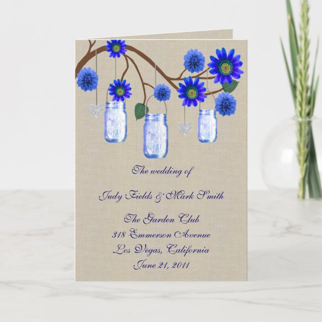 Tarjeta de programa Burlap Rustic Blue Mason Jars (Anverso)