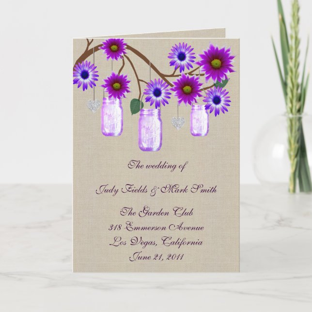 Tarjeta de programa Burlap Rustic Purple Mason (Anverso)