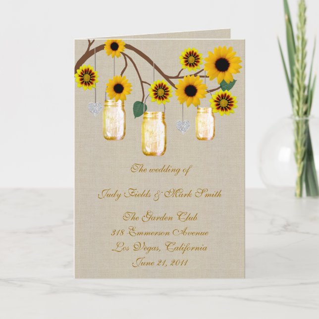 Tarjeta de programa Burlap Rustic Yellow Mason Jar (Anverso)