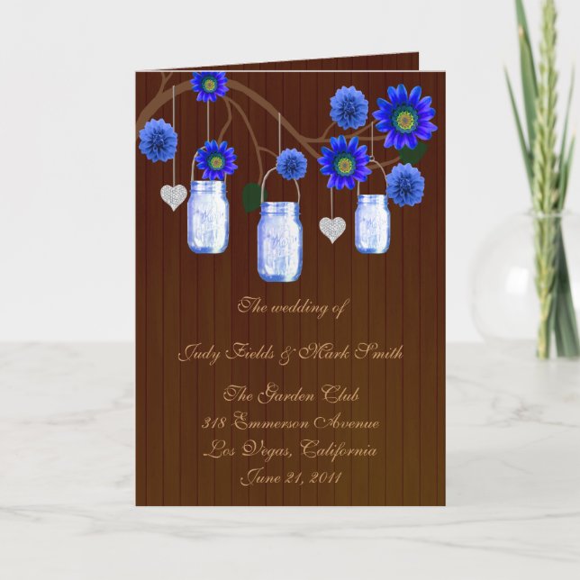 Tarjeta de programa Country Rustic Blue Mason Jars (Anverso)