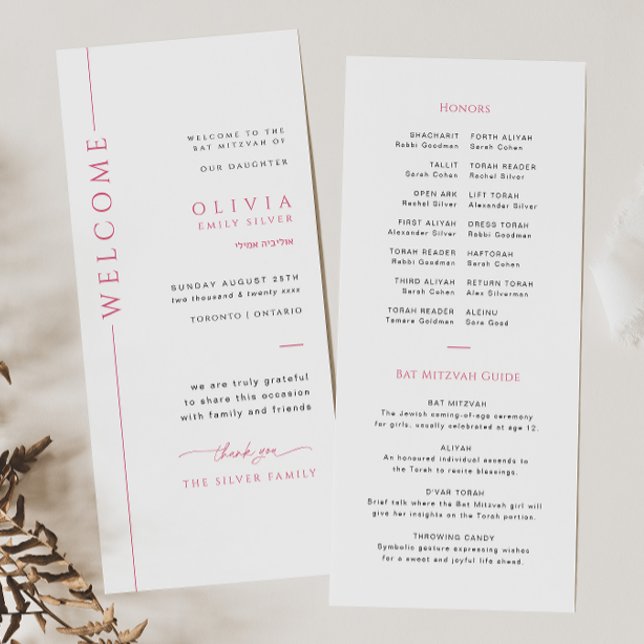 Tarjeta de Programa de Bat Mitzvah Rosa y Blanco M (Subido por el creador)