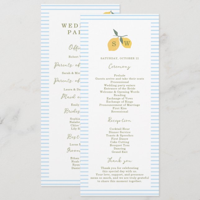 Tarjeta de programa de boda Amalfi de limón azul c (Anverso / Reverso)